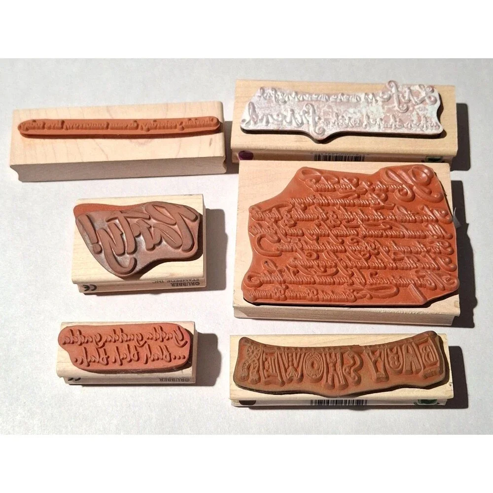 Lot of 6 Vintage Wooden Rubber Stamps Quotes, Party, Baby Shower, Poem Crafts